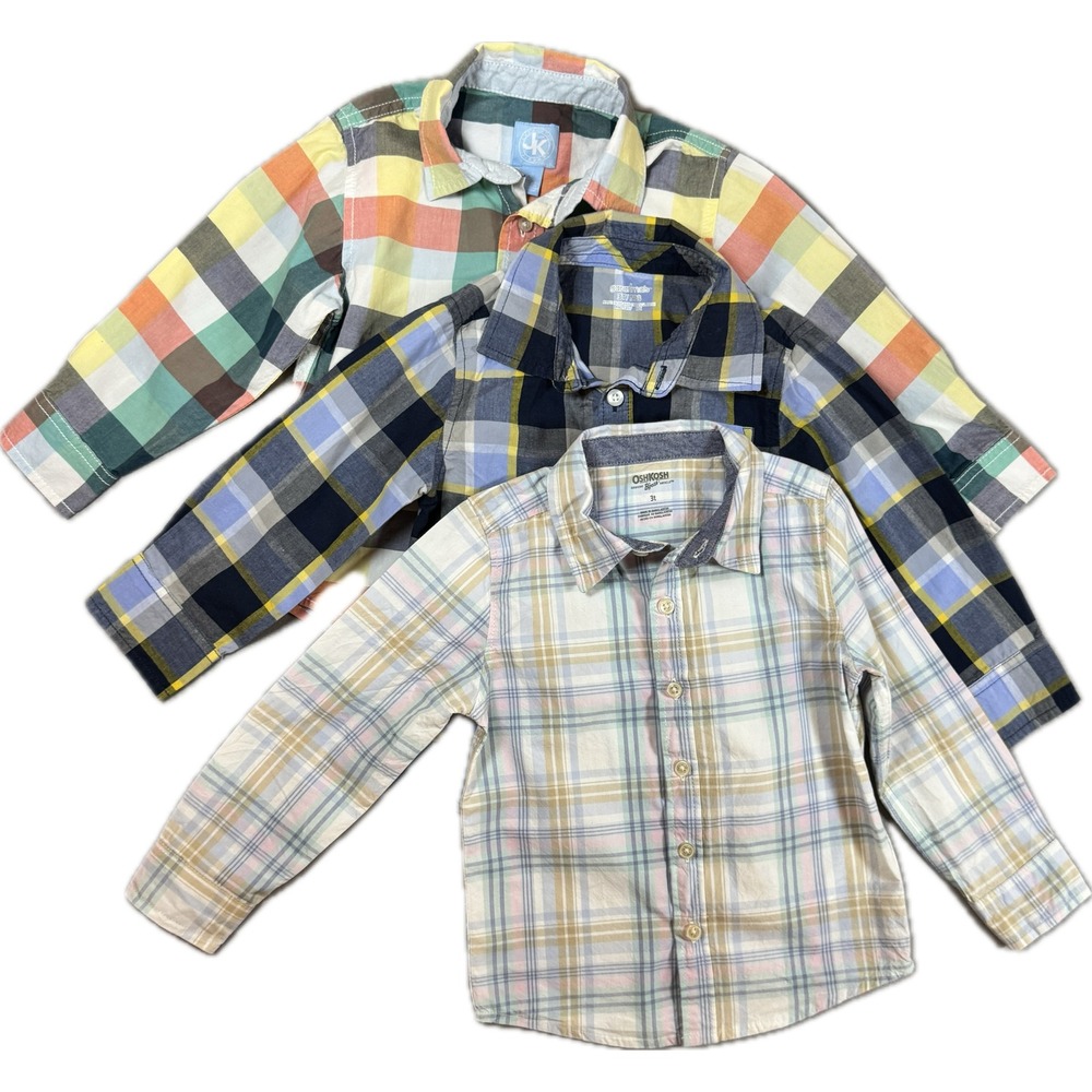 Lot of 3 Cotton Button Up Shirts Boys 3T OshKosh Garanimals J.Khaki Plaid
